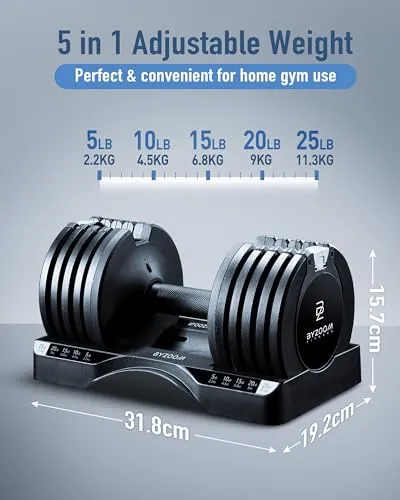 BYZOOM FITNESS Adjustable Dumbbell 12.5/25lb Set of 2 or Single Unit Piece Weight Training Fitness Exercise Body Workout 5 in 1 for Home Gym Beginners Woman