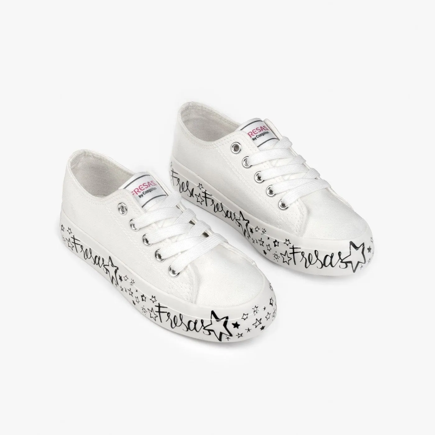 Girl's White Printed Canvas Sneakers