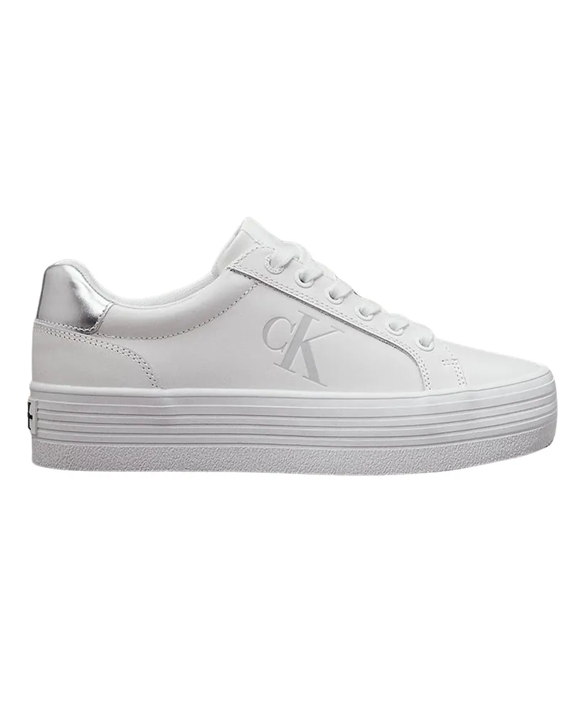 SNEAKERS DONNA IN PELLE CON PLATFORM - BIANCO ARGENTO